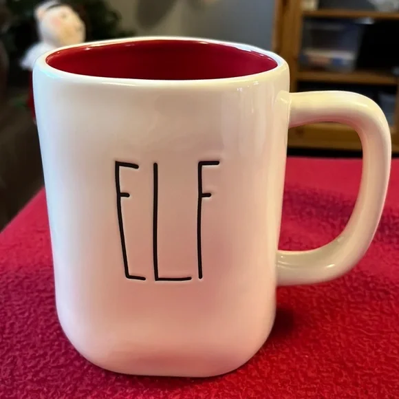 Rae Dunn ELF mug white with black writing and red interior - Picture 1 of 5
